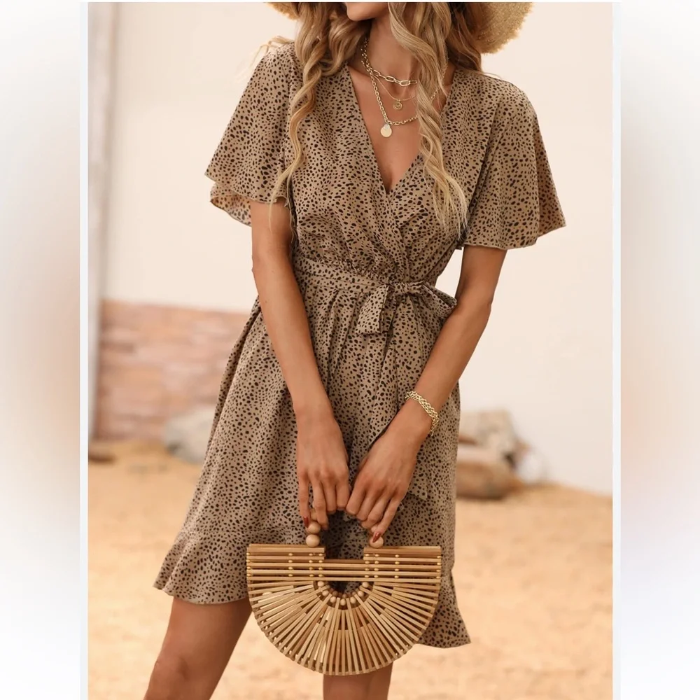 Elegant Brown Polka Dot Wrap Dress